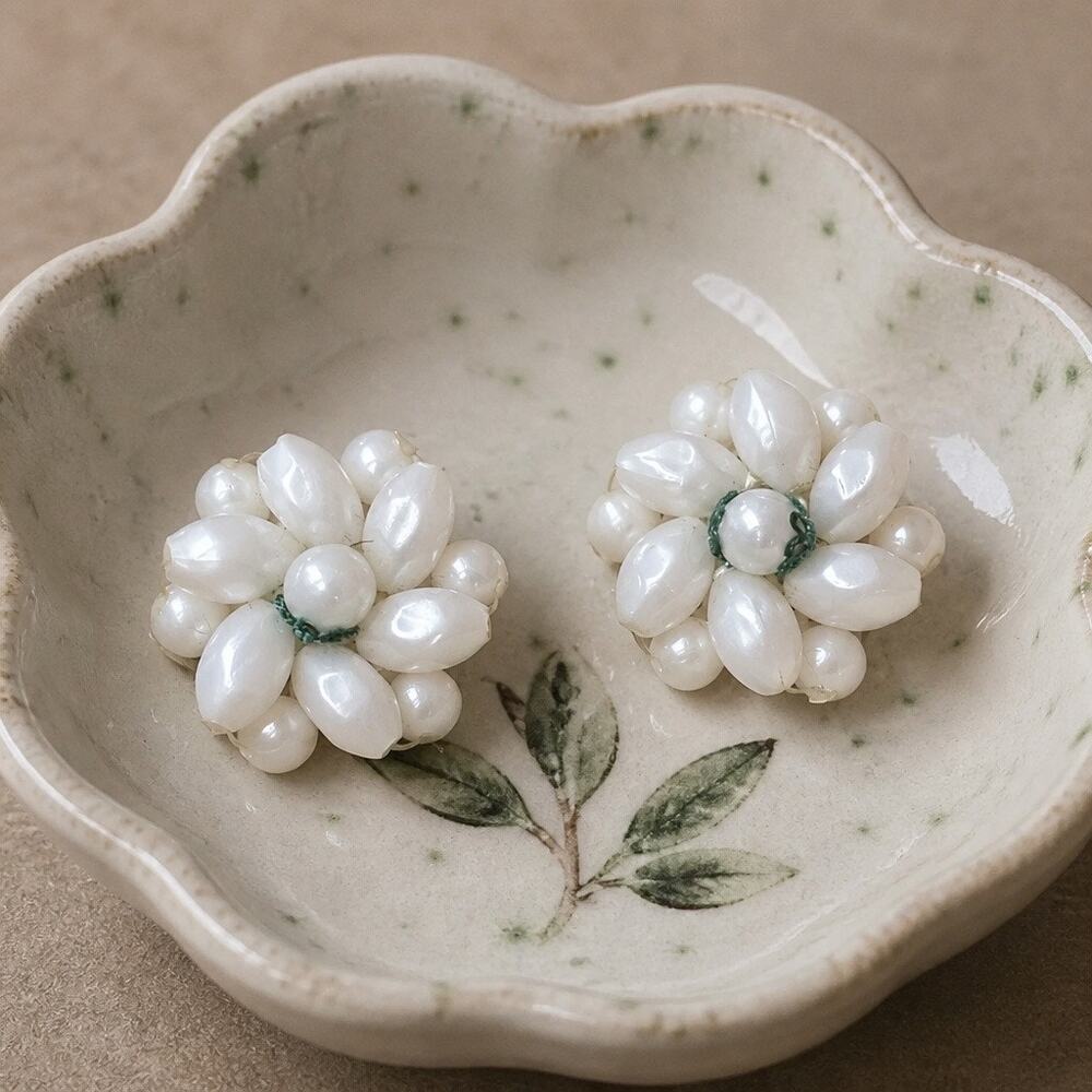 1940's Mid Century "Winter Blossom" Pearl Cluster Earrings